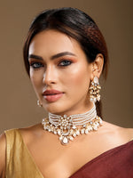 Choker in gold tone brass with Shell Pearl, Mother Of Pearl, Moissanite Kundan Polki, Cubic Zirconia