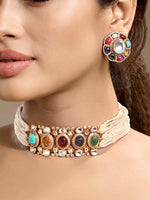 Choker in gold tone brass with Moissanite Kunda Polki, Cubic Zirconia, Onyx, Pearls