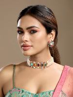 Choker in gold tone brass with Moissanite Kunda Polki, Cubic Zirconia, Onyx, Pearls