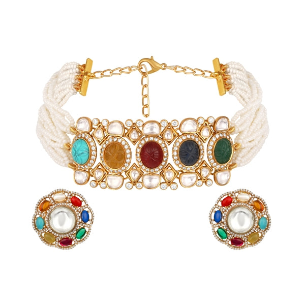 Choker in gold tone brass with Moissanite Kunda Polki, Cubic Zirconia, Onyx, Pearls