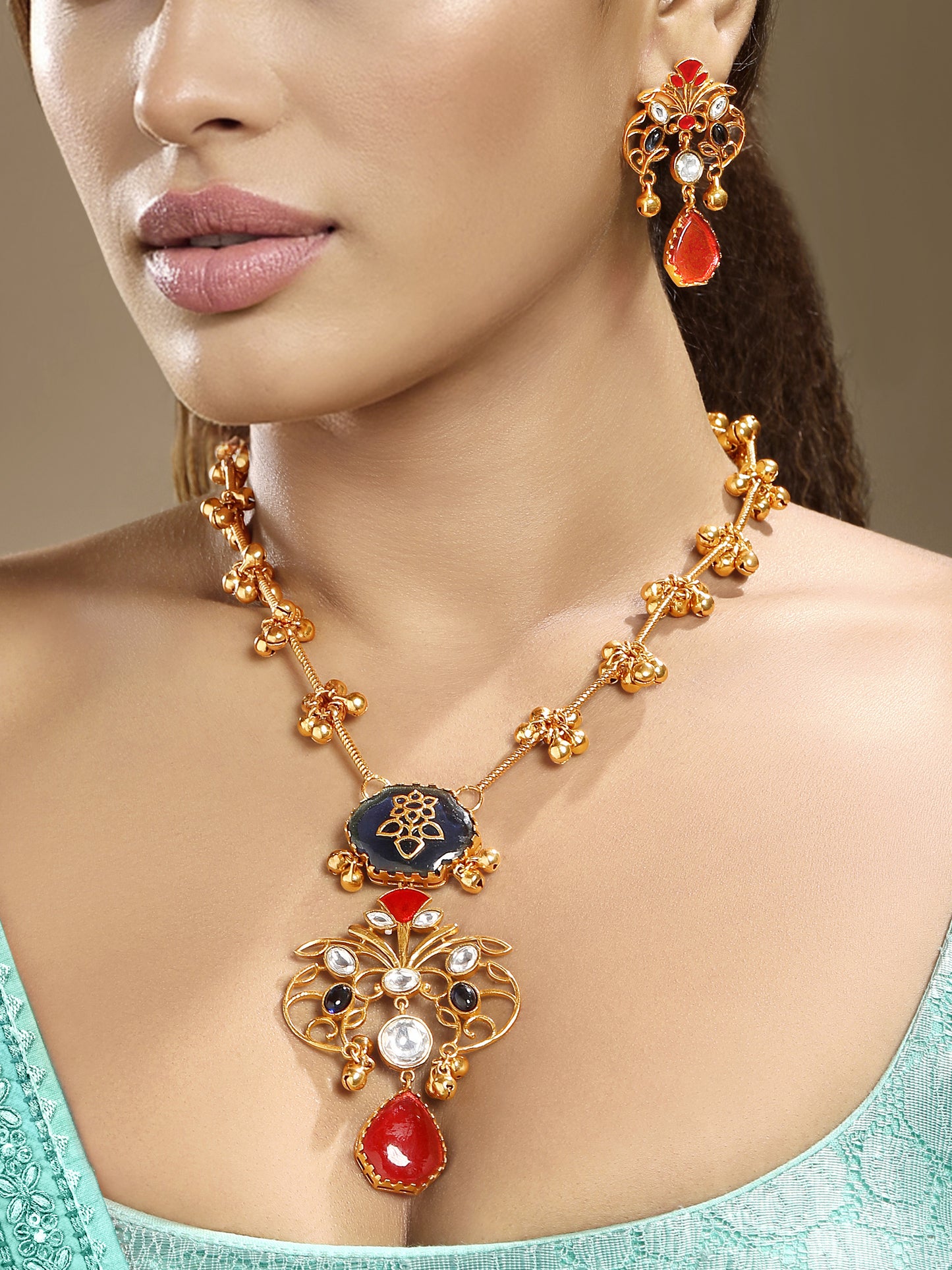 Long Necklace in gold tone brass with Moissanite Kundan Polki, Synthetic Ruby, Synthetic Topaz