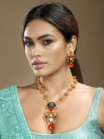 Long Necklace in gold tone brass with Moissanite Kundan Polki, Synthetic Ruby, Synthetic Topaz