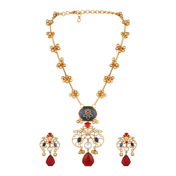 Long Necklace in gold tone brass with Moissanite Kundan Polki, Synthetic Ruby, Synthetic Topaz