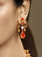 Long Necklace in gold tone brass with Moissanite Kundan Polki, Synthetic Ruby, Synthetic Topaz
