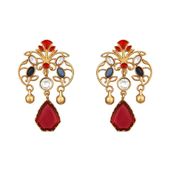 Long Necklace in gold tone brass with Moissanite Kundan Polki, Synthetic Ruby, Synthetic Topaz