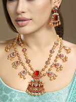 Long Necklace in gold tone brass with Moissanite Kundan Polki, Synthetic Ruby, Phiroja, Coral