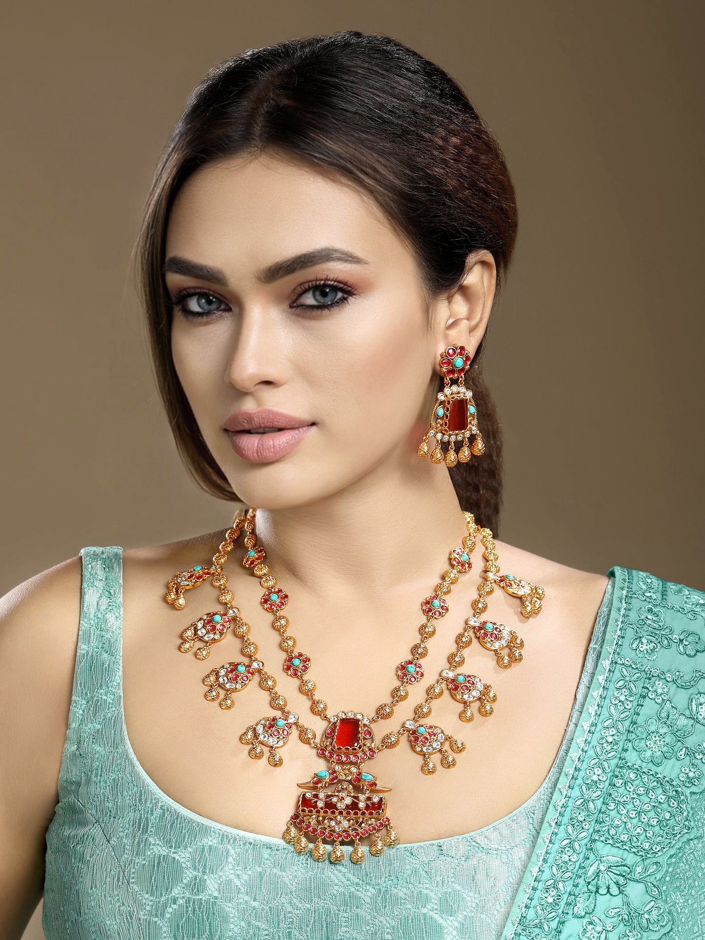 Long Necklace in gold tone brass with Moissanite Kundan Polki, Synthetic Ruby, Phiroja, Coral