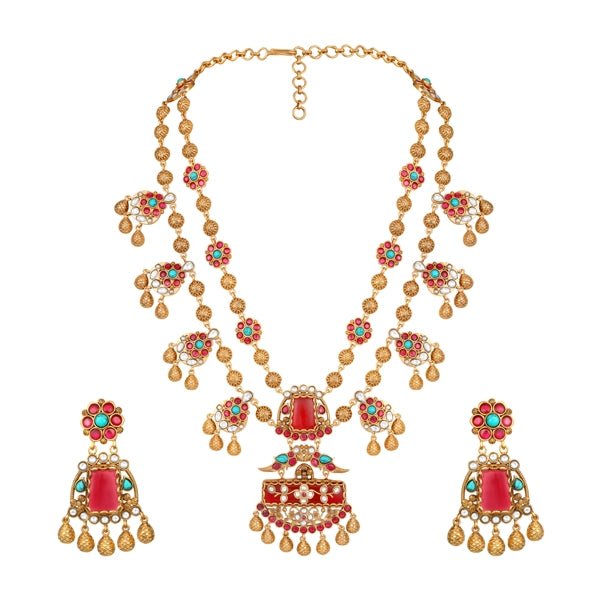 Long Necklace in gold tone brass with Moissanite Kundan Polki, Synthetic Ruby, Phiroja, Coral