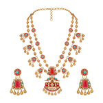 Long Necklace in gold tone brass with Moissanite Kundan Polki, Synthetic Ruby, Phiroja, Coral