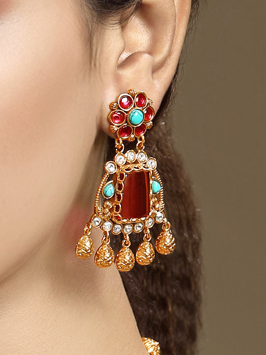 Long Necklace in gold tone brass with Moissanite Kundan Polki, Synthetic Ruby, Phiroja, Coral