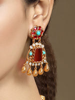 Long Necklace in gold tone brass with Moissanite Kundan Polki, Synthetic Ruby, Phiroja, Coral