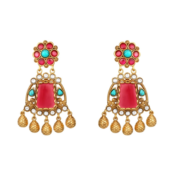 Long Necklace in gold tone brass with Moissanite Kundan Polki, Synthetic Ruby, Phiroja, Coral