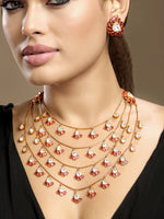 Long Necklace in gold tone brass with Moissanite Kundan Polki, Synthetic Ruby