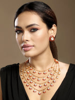 Long Necklace in gold tone brass with Moissanite Kundan Polki, Synthetic Ruby