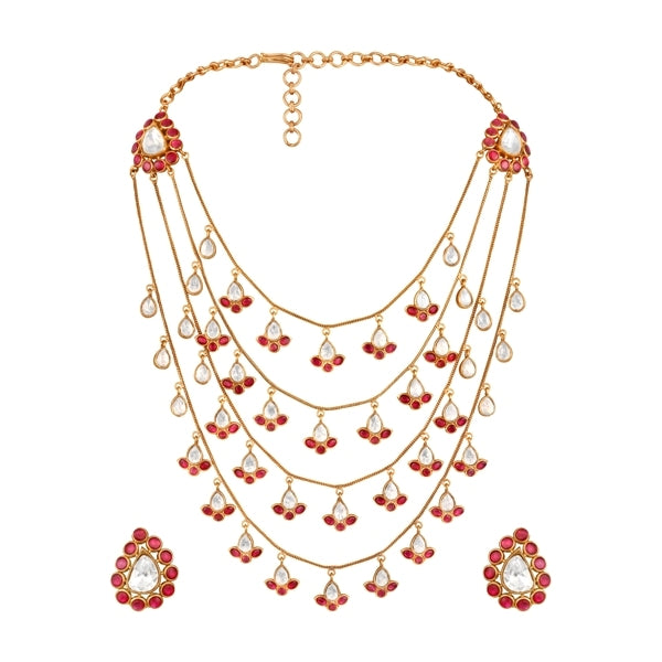 Long Necklace in gold tone brass with Moissanite Kundan Polki, Synthetic Ruby