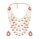 Long Necklace in gold tone brass with Moissanite Kundan Polki, Synthetic Ruby