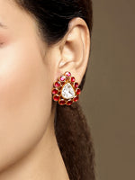 Long Necklace in gold tone brass with Moissanite Kundan Polki, Synthetic Ruby