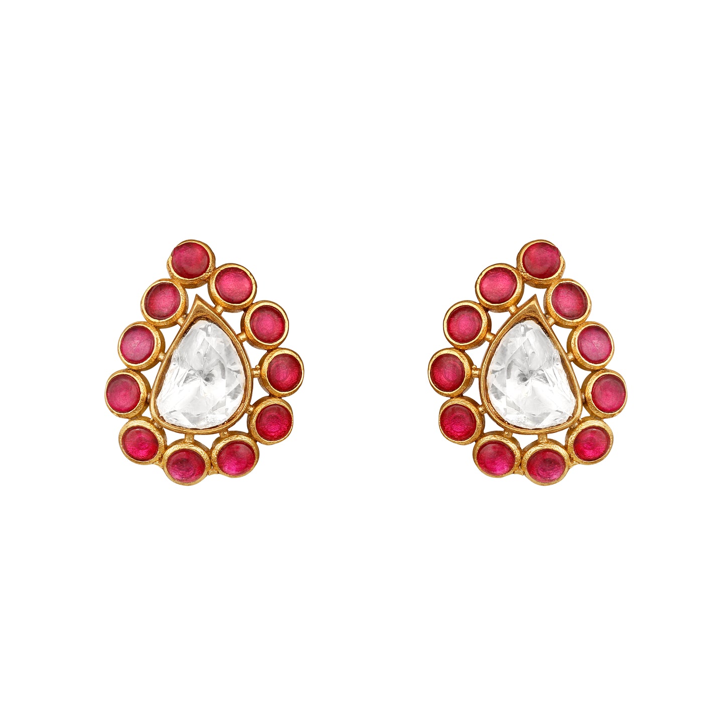 Long Necklace in gold tone brass with Moissanite Kundan Polki, Synthetic Ruby