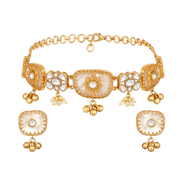Choker in gold tone brass with Moissanite Kundan Polki, Mother Of Pearl, Pearls