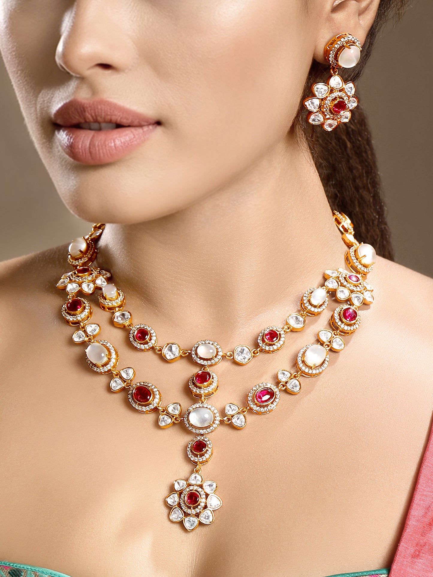 Long Necklace in gold tone brass with Moissanite Kundan Polki, Cubic Zirconia, Synthetic Ruby, Mother Of Pearl