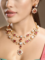 Long Necklace in gold tone brass with Moissanite Kundan Polki, Cubic Zirconia, Synthetic Ruby, Mother Of Pearl