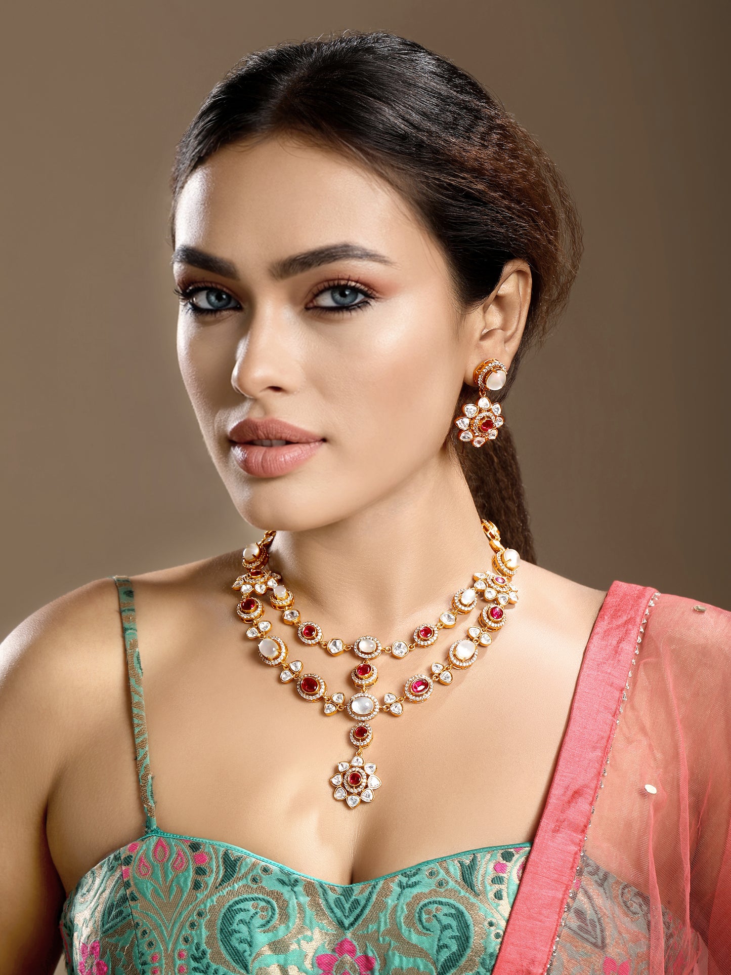 Long Necklace in gold tone brass with Moissanite Kundan Polki, Cubic Zirconia, Synthetic Ruby, Mother Of Pearl