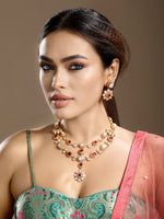 Long Necklace in gold tone brass with Moissanite Kundan Polki, Cubic Zirconia, Synthetic Ruby, Mother Of Pearl