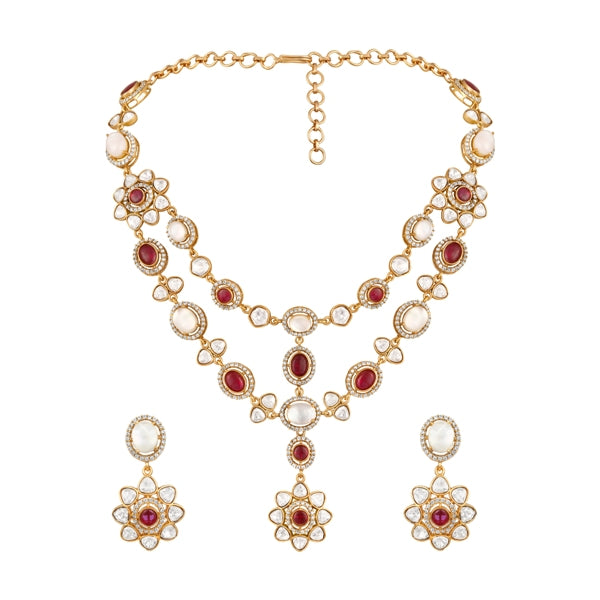 Long Necklace in gold tone brass with Moissanite Kundan Polki, Cubic Zirconia, Synthetic Ruby, Mother Of Pearl