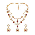 Long Necklace in gold tone brass with Moissanite Kundan Polki, Cubic Zirconia, Synthetic Ruby, Mother Of Pearl
