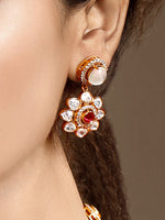 Long Necklace in gold tone brass with Moissanite Kundan Polki, Cubic Zirconia, Synthetic Ruby, Mother Of Pearl
