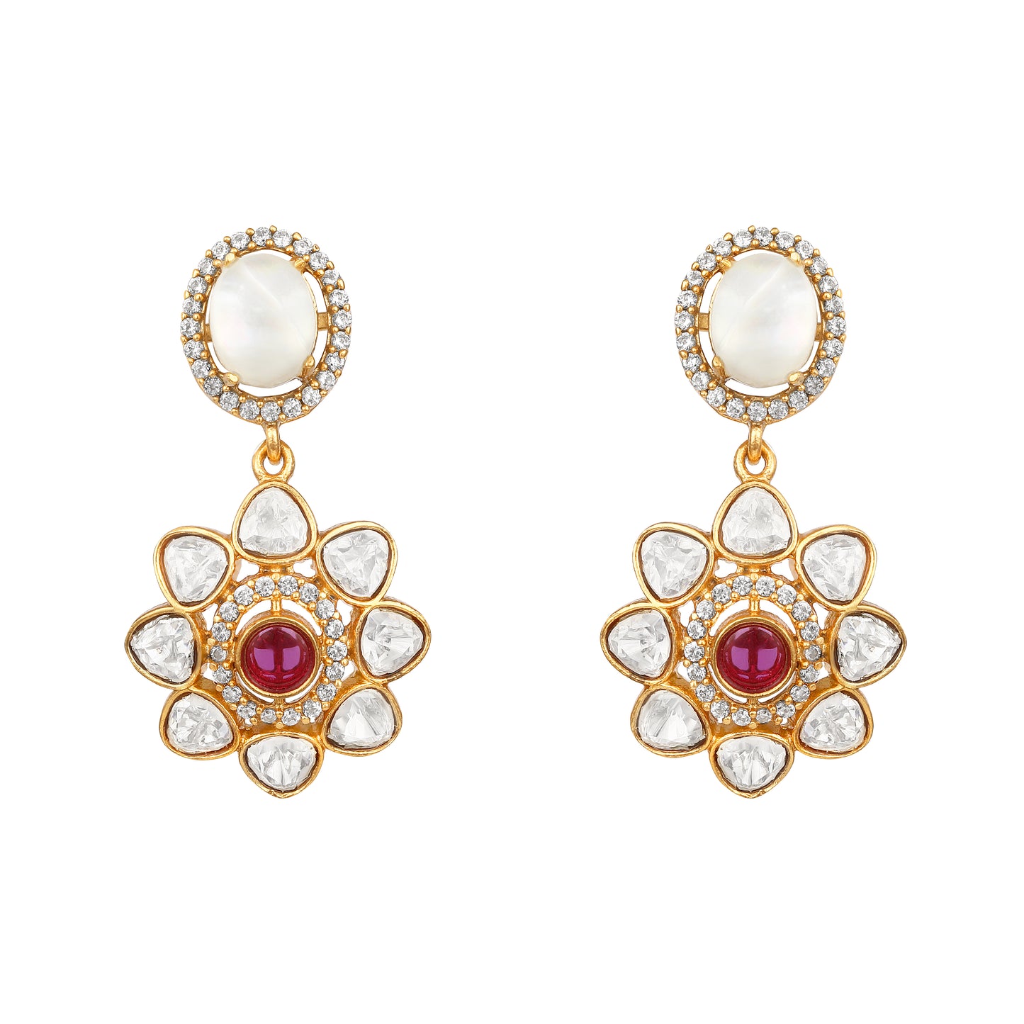Long Necklace in gold tone brass with Moissanite Kundan Polki, Cubic Zirconia, Synthetic Ruby, Mother Of Pearl
