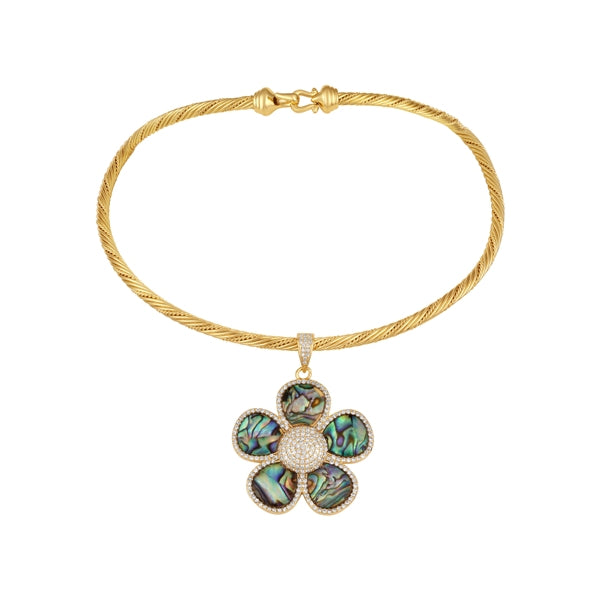 Choker in gold tone brass with Natural Shell Mother Of Pearl, Cubic Zirconia