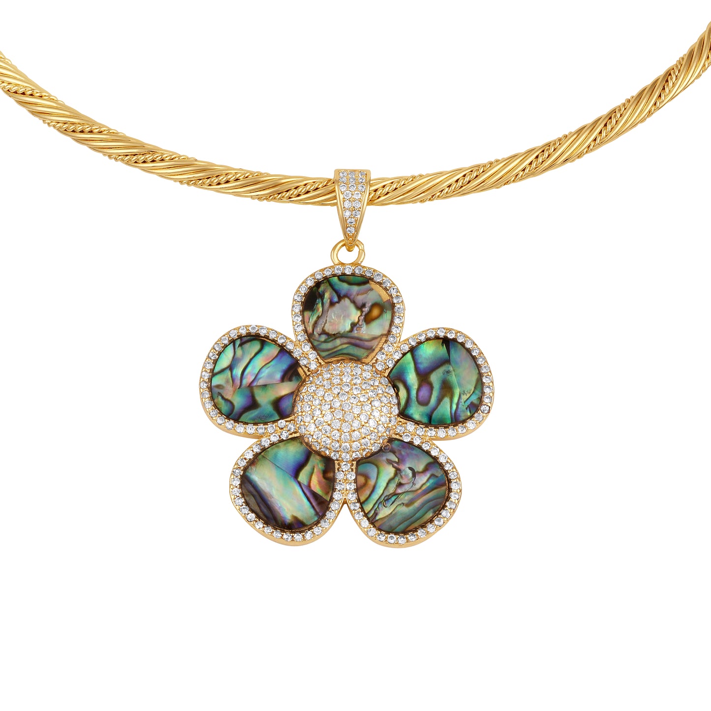 Choker in gold tone brass with Natural Shell Mother Of Pearl, Cubic Zirconia