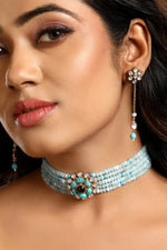 Dog Collar Choker in gold tone brass with Agate, Kundan Polki, Micron Gold Polish Brass, Blue Tourmalin