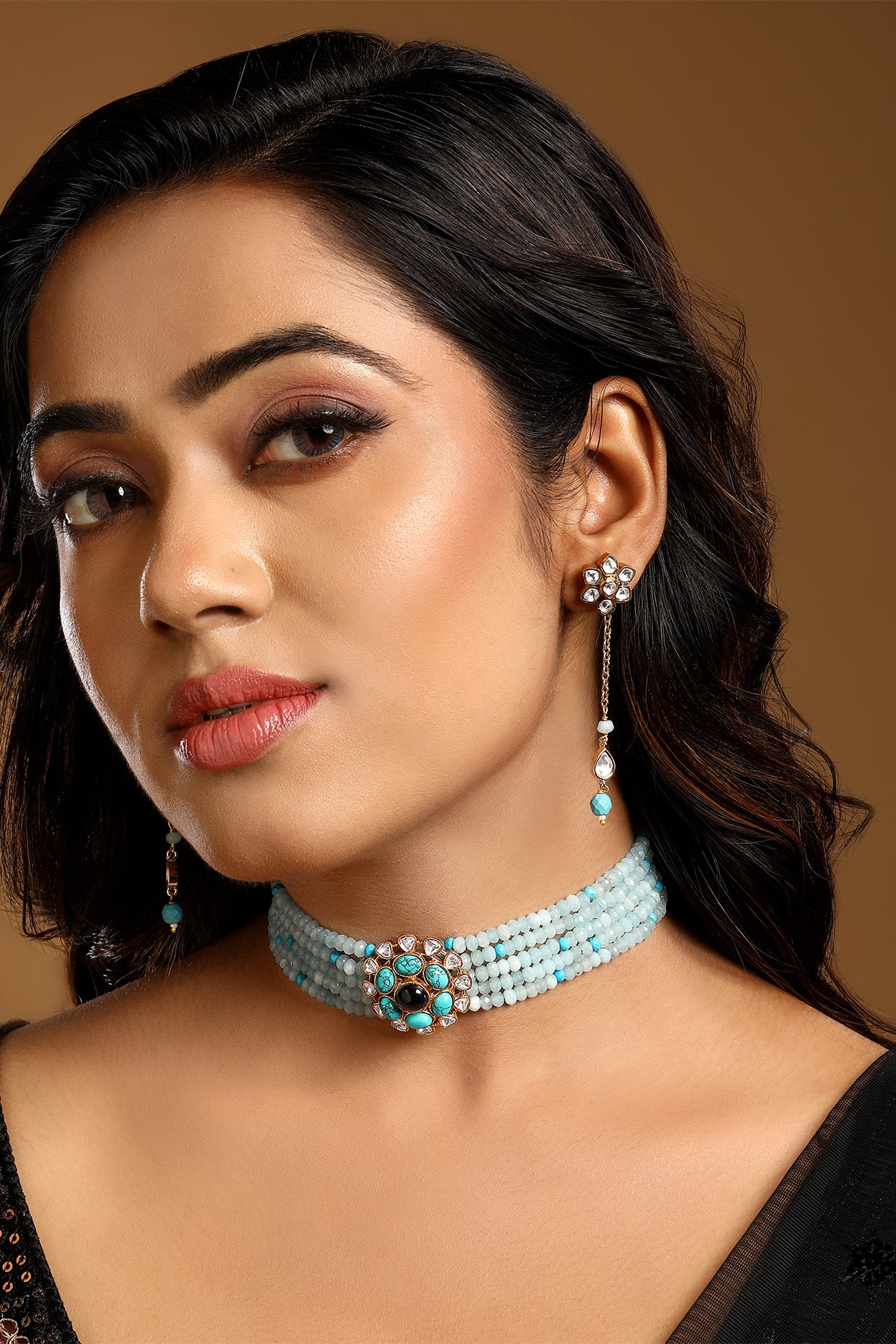 Dog Collar Choker in gold tone brass with Agate, Kundan Polki, Micron Gold Polish Brass, Blue Tourmalin