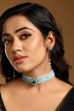 Dog Collar Choker in gold tone brass with Agate, Kundan Polki, Micron Gold Polish Brass, Blue Tourmalin