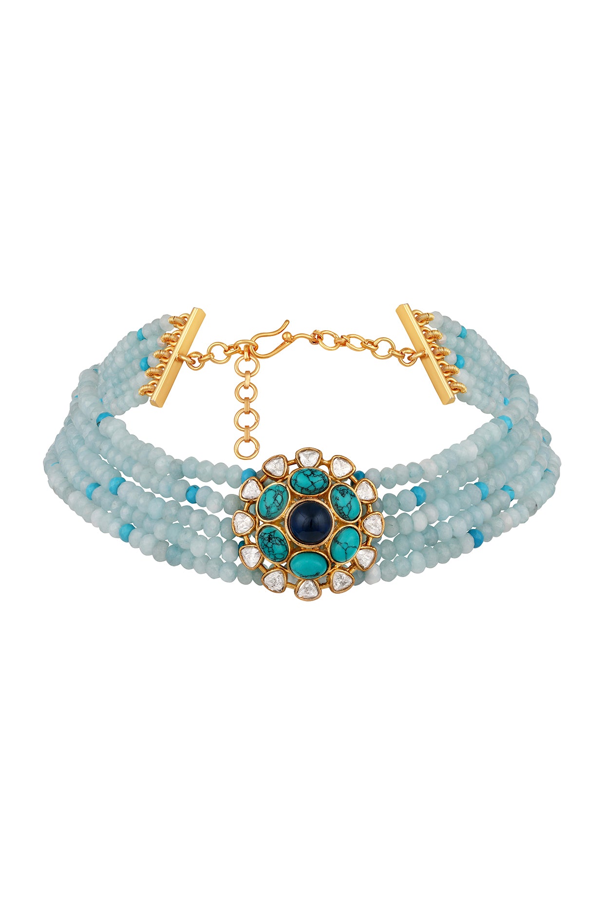 Dog Collar Choker in gold tone brass with Agate, Kundan Polki, Micron Gold Polish Brass, Blue Tourmalin