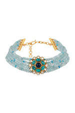 Dog Collar Choker in gold tone brass with Agate, Kundan Polki, Micron Gold Polish Brass, Blue Tourmalin