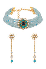 Dog Collar Choker in gold tone brass with Agate, Kundan Polki, Micron Gold Polish Brass, Blue Tourmalin