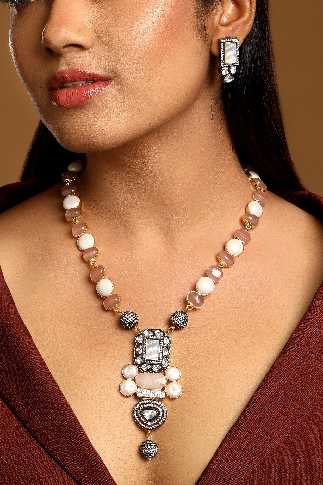 Short Necklace in dual tone brass with Tumble, Shell Pearl, Cubic Zirconia, Mother Of Pearl, Diamond Ball, Synthetic Rose Quartz, Mgpb