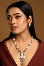 Short Necklace in dual tone brass with Tumble, Shell Pearl, Cubic Zirconia, Mother Of Pearl, Diamond Ball, Synthetic Rose Quartz, Mgpb