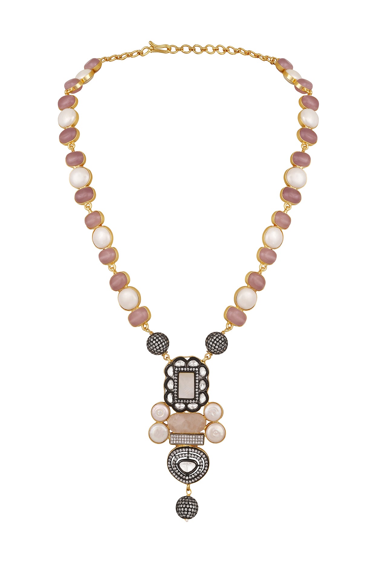 Short Necklace in dual tone brass with Tumble, Shell Pearl, Cubic Zirconia, Mother Of Pearl, Diamond Ball, Synthetic Rose Quartz, Mgpb