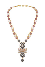 Short Necklace in dual tone brass with Tumble, Shell Pearl, Cubic Zirconia, Mother Of Pearl, Diamond Ball, Synthetic Rose Quartz, Mgpb