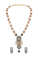 Short Necklace in dual tone brass with Tumble, Shell Pearl, Cubic Zirconia, Mother Of Pearl, Diamond Ball, Synthetic Rose Quartz, Mgpb