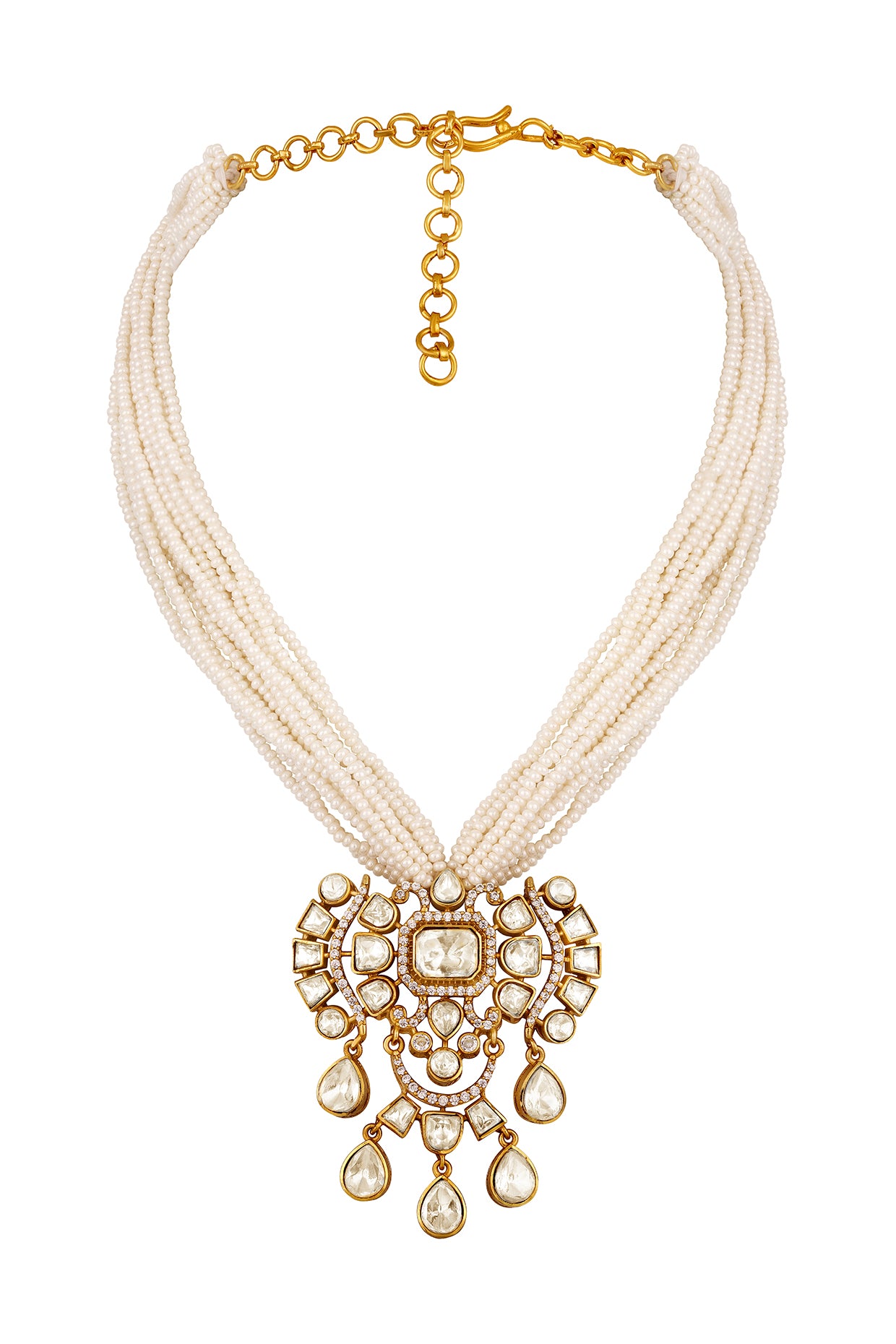 Short Necklace in gold tone brass with Kidiya, Cubic Zirconia, Lv Kundan Polki