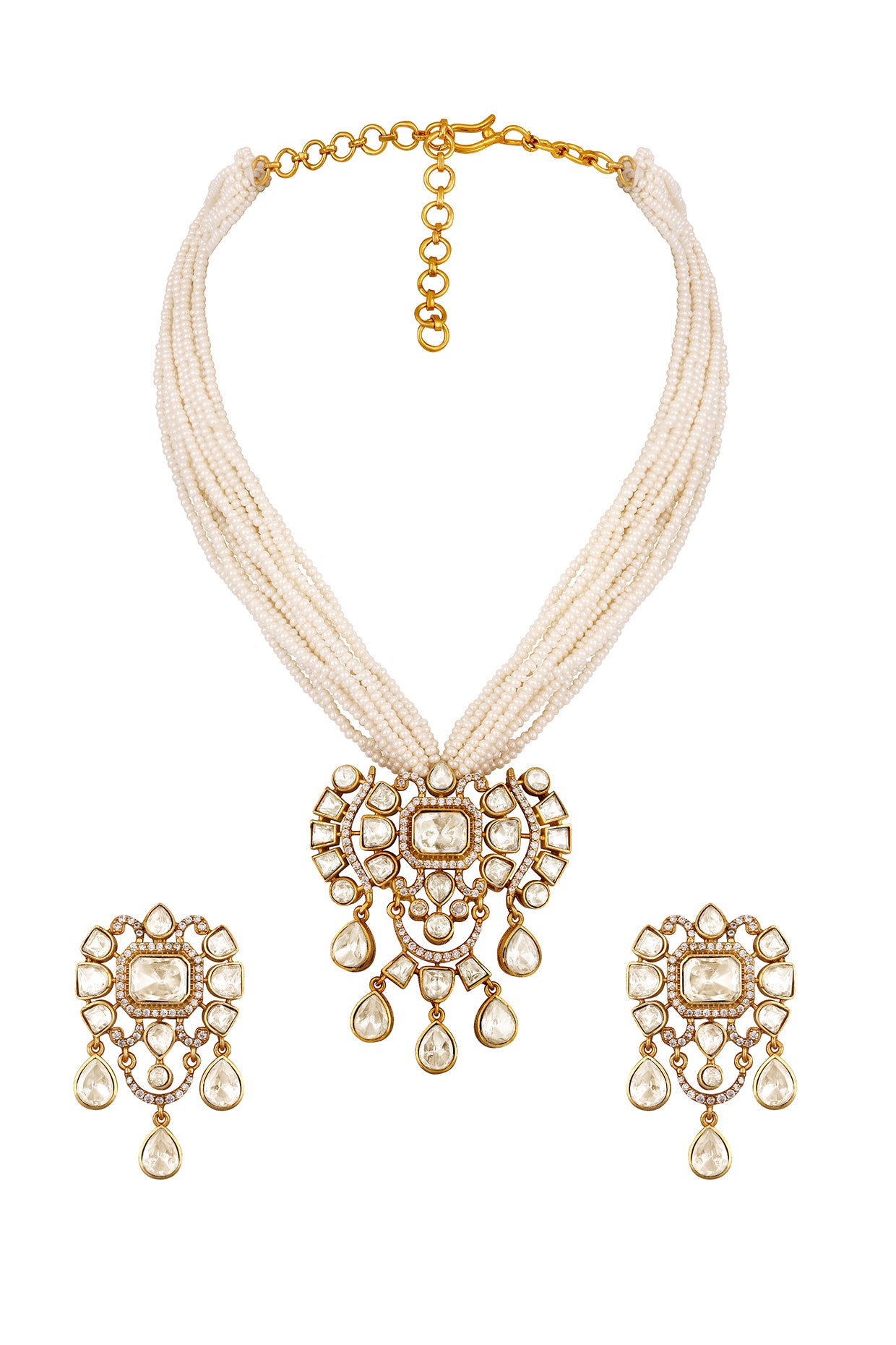 Short Necklace in gold tone brass with Kidiya, Cubic Zirconia, Lv Kundan Polki