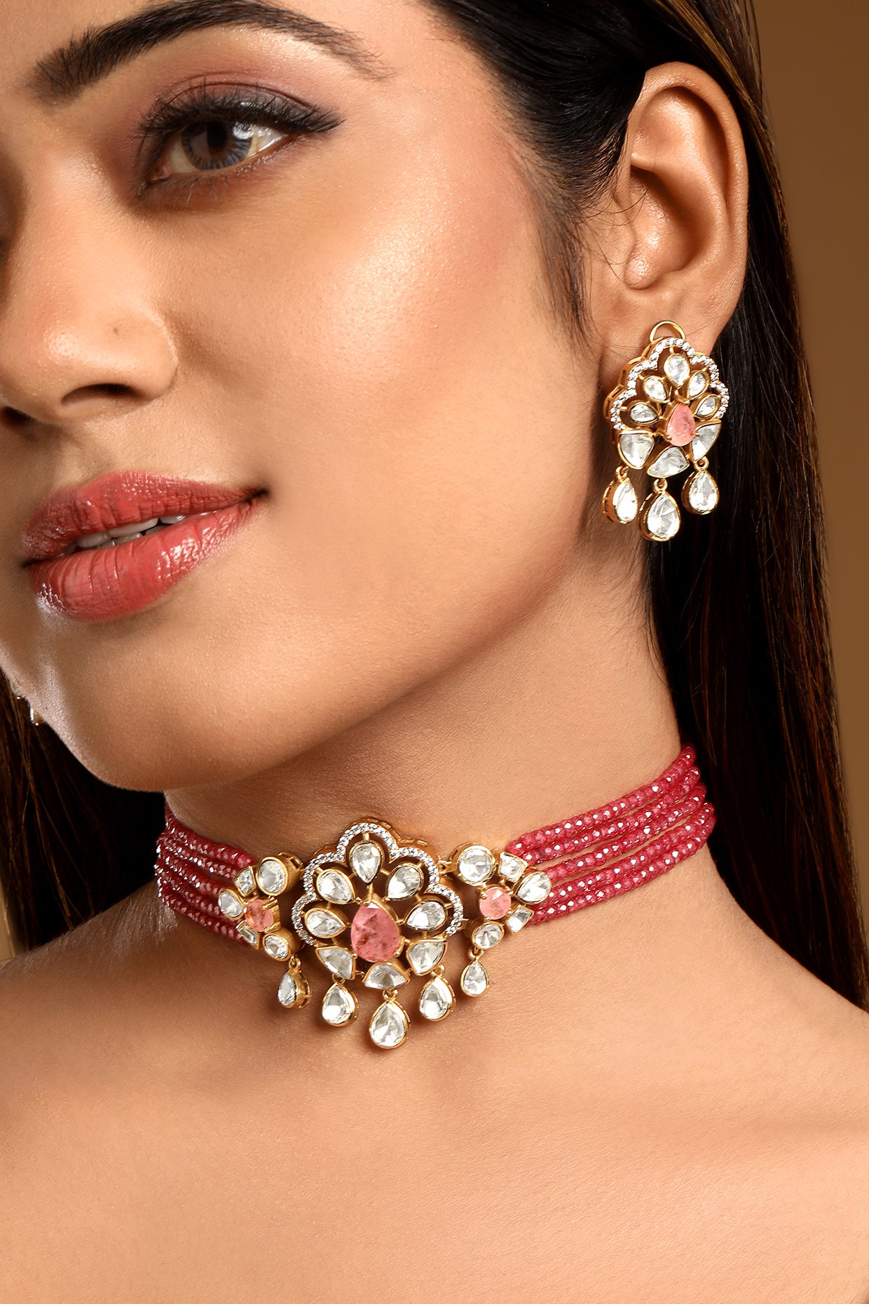 Dog Collar Choker in gold tone brass with Zirconia, Lv Kundan Polki, Synthetic Pink Stone, Cubic Zirconia