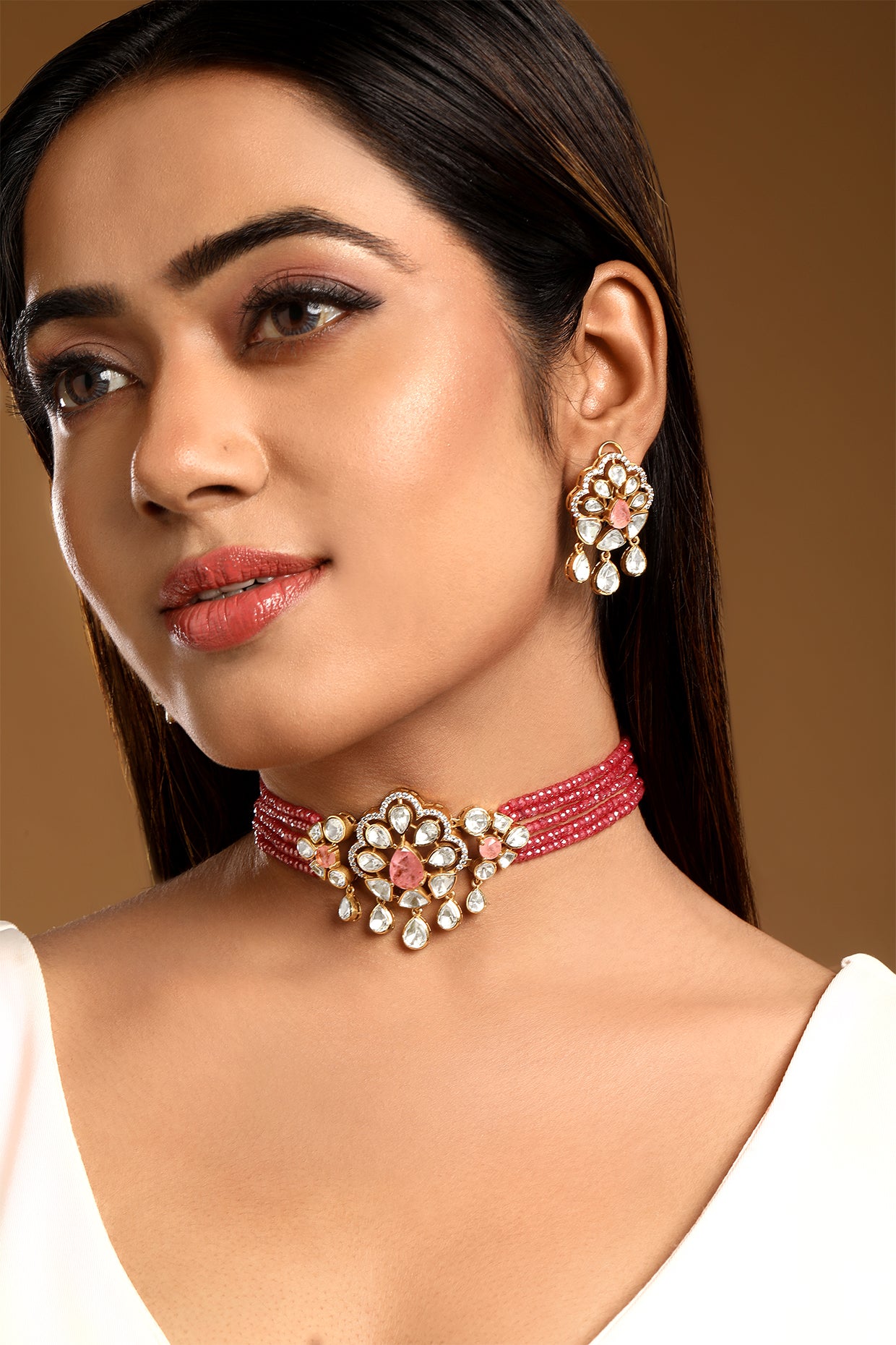 Dog Collar Choker in gold tone brass with Zirconia, Lv Kundan Polki, Synthetic Pink Stone, Cubic Zirconia