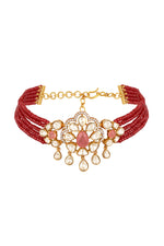 Dog Collar Choker in gold tone brass with Zirconia, Lv Kundan Polki, Synthetic Pink Stone, Cubic Zirconia