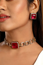 Dog Collar Choker in gold tone brass with Synthetic Ruby, Zircon Diamond